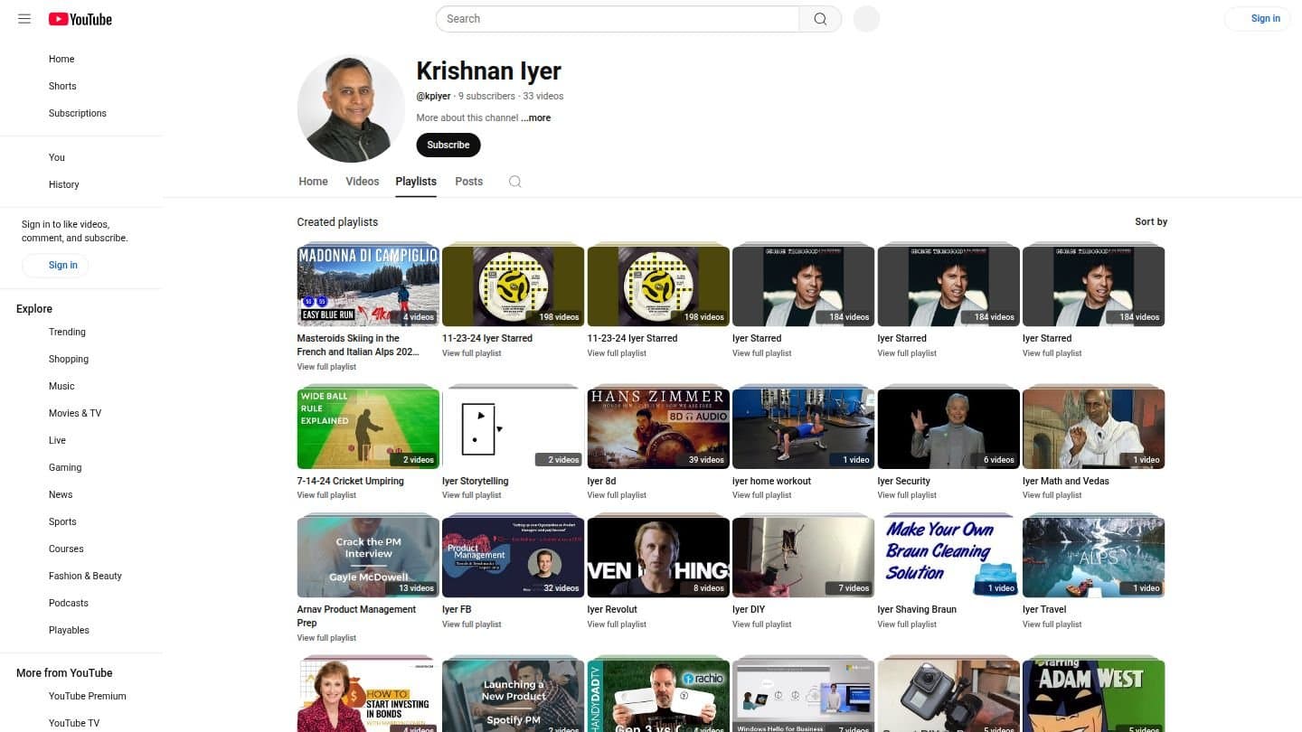 Krishnan Iyer YouTube Channel Playlists - Live View